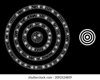 Icono de círculos concéntricos de malla poligonal brillante con efecto de brillo sobre un fondo negro. Constelación de círculos concéntricos vector icónico con puntos de brillo en colores majestuosos.