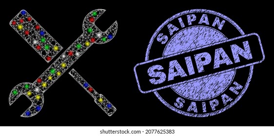 Glossy polygonal mesh web configuration tools icon with glow effect on a black background, and Saipan dirty seal imitation. Illuminated vector mesh created from configuration tools icon,