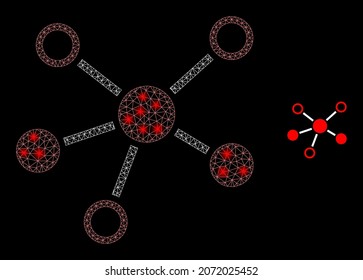 Glossy polygonal mesh web connections icon with glow effect on a black background. Network connections iconic vector with illuminated spheres in stardust colors.