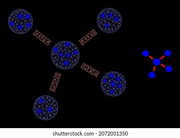 Glossy polygonal mesh web connections icon with glitter effect on a black background. Constellation connections iconic vector with glitter dots in vibrant colors.