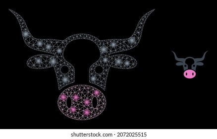 Glossy polygonal mesh web cow head icon with glitter effect on a black background. Carcass cow head iconic vector with glitter spheres in magic colors.