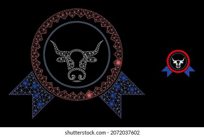 Icono de estampado de sellado de tela de vaca con efecto de resplandor sobre un fondo negro. Cintas de sellado de vaca carcasero con estampado icónico vectorial con puntos flash en colores vibrantes.