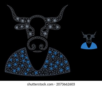 Glossy polygonal mesh web cow boy icon with glare effect on a black background. Carcass cow boy iconic vector with glamour points in stardust colors.