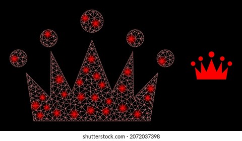 Icono de corona de malla poligonal brillante con efecto de brillo sobre un fondo negro. El cuadro de alambre corona el vector icónico con puntos brillantes en colores majestuosos. Malla plana abstracta diseñada con rejilla poligonal,