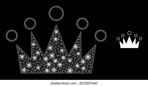 Glossy polygonal mesh web crown icon with glare effect on a black background. Network crown iconic vector with glitter spheres in vibrant colors. Abstract 2d mesh designed with polygonal grid,