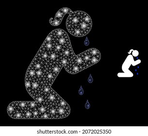 Glossy polygonal mesh web crying praying woman icon with glow effect on a black background. Carcass crying praying woman iconic vector with glamour points in majestic colors.