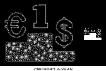 Glossy polygonal mesh web currency pedestal icon with glow effect on a black background. Wire frame currency pedestal iconic vector with glowing points in bright colors.