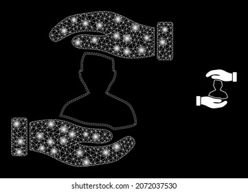 Glossy polygonal mesh web customer care hands icon with glare effect on a black background. Carcass customer care hands iconic vector with glamour dots in vibrant colors.