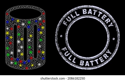 Glossy polygonal mesh web cylinder container icon with glare effect on a black background, and Full Battery grunge stamp seal. Illuminated vector mesh created from cylinder container icon,