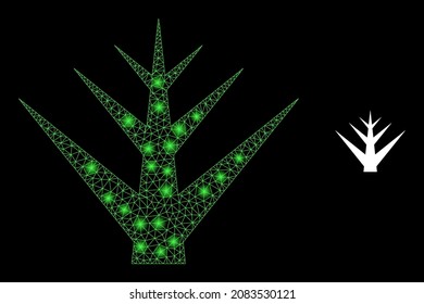 Glossy polygonal mesh web decorative tree icon with glare effect on a black background. Carcass decorative tree iconic vector with flash points in majestic colors.