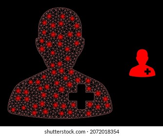 Glossy polygonal mesh web doctor icon with glow effect on a black background. Constellation doctor iconic vector with glitter points in vibrant colors.