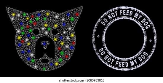 Glossy polygonal mesh web dog head icon with glow effect on a black background, and Do Not Feed My Dog corroded stamp seal. Illuminated vector model created from dog head icon,