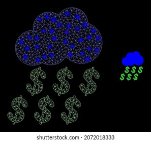 Glossy polygonal mesh web dollar rain cloud icon with glitter effect on a black background. Wire frame dollar rain cloud iconic vector with glitter points in magic colors.