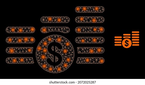 Glossy polygonal mesh web dollar coin stacks icon with glitter effect on a black background. Wire frame dollar coin stacks iconic vector with glamour dots in magic colors.