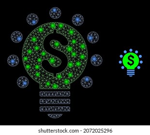 Glossy polygonal mesh web dollar light bulb icon with glow effect on a black background. Wire frame dollar light bulb iconic vector with flash points in magic colors.