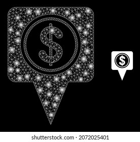 Glossy polygonal mesh web dollar map marker icon with glitter effect on a black background. Network dollar map marker iconic vector with glowing spheres in bright colors.