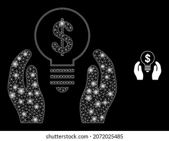 Glossy polygonal mesh web dollar bulb care hands icon with glare effect on a black background. Carcass dollar bulb care hands iconic vector with flash dots in bright colors.