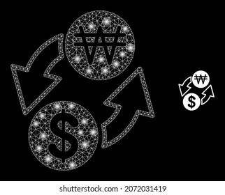 Glossy polygonal mesh web dollar exchange korean won icon with glow effect on a black background. Wire frame dollar exchange korean won iconic vector with illuminated points in stardust colors.