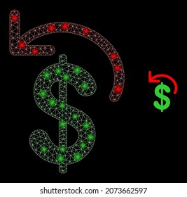 Glossy polygonal mesh web dollar refund icon with glitter effect on a black background. Carcass dollar refund iconic vector with flash dots in bright colors.