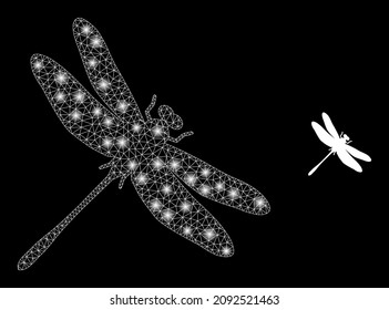 Glossy polygonal mesh web dragonfly icon with glare effect on a black background. Wire frame dragonfly iconic vector with shiny dots in vibrant colors.