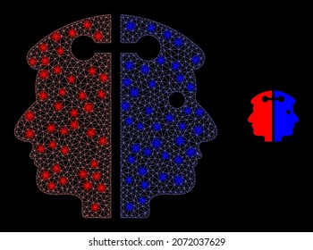 Glossy Polygonal Mesh Web duale Kopplung Symbol mit glitterem Effekt auf schwarzem Hintergrund. Konstellation duale Kopfverbindung ikonische Vektorgrafik mit leuchtenden Punkten in hellen Farben.