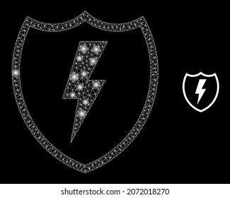 Glossy Polygonal Mesh Web Elektrische Schild Symbol mit Glühwirkung auf schwarzem Hintergrund. Elektrischer Schild mit Drahtrahmen, ikonischer Vektorgrafik mit beleuchteten Punkten in Sternfarben.