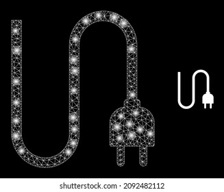 Glossy polygonal mesh web electrical cord icon with glitter effect on a black background. Constellation electrical cord iconic vector with illuminated points in vibrant colors.