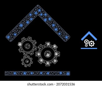 Glossy polygonal mesh web engine service garage icon with glitter effect on a black background. Constellation engine service garage iconic vector with glitter dots in bright colors.