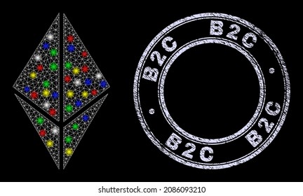 Glossy polygonal mesh web ethereum crystal icon with glow effect on a black background, and B2C textured stamp seal. Illuminated vector model created from ethereum crystal icon,