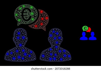 Glossy polygonal mesh web euro people chat icon with glow effect on a black background. Wire frame euro people chat iconic vector with glowing points in bright colors.