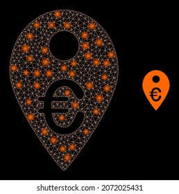 Glossy polygonal mesh web euro map marker icon with glare effect on a black background. Constellation euro map marker iconic vector with shiny dots in vibrant colors.