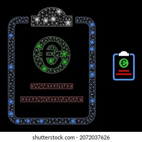 Glossy polygonal mesh web euro price pad icon with glare effect on a black background. Network euro price pad iconic vector with glamour spheres in stardust colors.