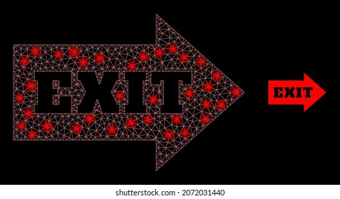 Glossy polygonal mesh web exit arrow icon with glow effect on a black background. Carcass exit arrow iconic vector with shiny points in stardust colors.