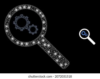 Glossy polygonal mesh web explore gears icon with glare effect on a black background. Constellation explore gears iconic vector with flash dots in majestic colors.