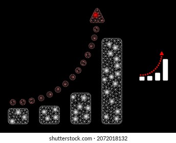 Glossy polygonal mesh web fast growing trend icon with glow effect on a black background. Wire frame fast growing trend iconic vector with glamour spheres in majestic colors.