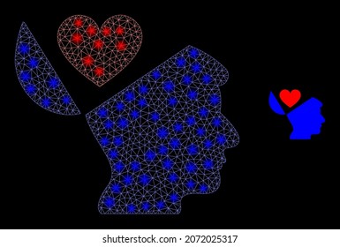 La brillante red de malla poligonal favorece el icono de mente abierta con efecto de brillo sobre un fondo negro. La constelación favorece el vector icónico de mente abierta con esferas brillantes en colores brillantes.