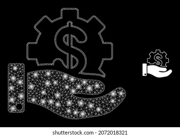 Glossy polygonal mesh web financial service offer icon with glow effect on a black background. Network financial service offer iconic vector with glowing dots in magic colors.