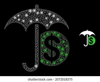 Glossy polygonal Maschendraht finanziellen Schirm-Ikone mit glänzender Wirkung auf schwarzem Hintergrund. Konstellation finanzielle Regenschirme ikonische Vektorgrafik mit glatteren Punkten in magischen Farben.