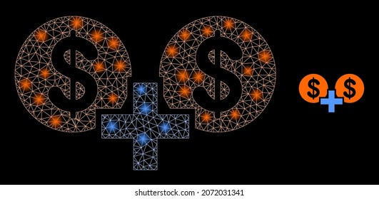 Icono de suma financiera de la red de malla poligonal brillante con efecto de brillo sobre un fondo negro. Cuadros de alambre suma financiera vector icónico con puntos de flash en colores brillantes.