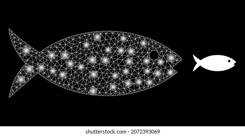 Glossy polygonal mesh web fish icon with glare effect on a black background. Wire frame fish iconic vector with illuminated points in stardust colors.