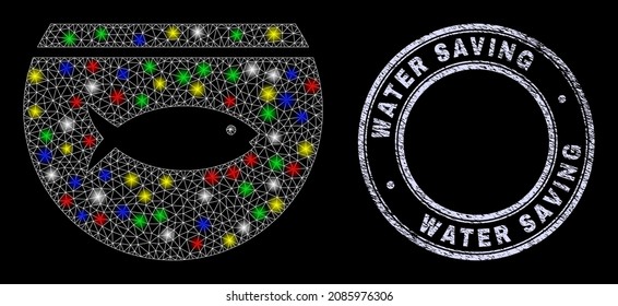 Glossy polygonal mesh web fish tank icon with glare effect on a black background, and Water Saving textured seal. Illuminated vector constellation created from fish tank icon,