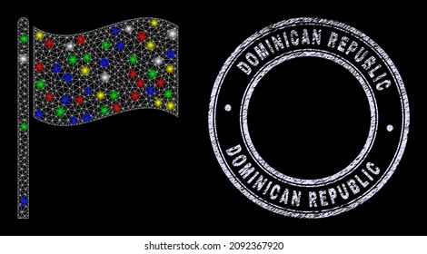 Glossy polygonal mesh web flag icon with glare effect on a black background, and Dominican Republic unclean stamp seal. Illuminated vector mesh created from flag symbol,