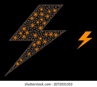 Glossy polygonal mesh web flash icon with glare effect on a black background. Wire frame flash iconic vector with glowing points in stardust colors. Abstract 2d mesh is designed with polygonal grid,
