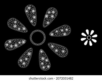 Glossy polygonal mesh web flower icon with glow effect on a black background. Constellation flower iconic vector with flash points in magic colors. Abstraction 2d mesh is created from polygonal grid,
