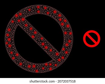 Glossy polygonal mesh web forbidden icon with glare effect on a black background. Wire frame forbidden iconic vector with glamour dots in bright colors.
