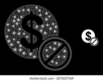 Glossy Polygonal Mesh Web verboten Dollar Symbol mit glitzerdem Effekt auf schwarzem Hintergrund. Netzwerk verbotene Dollar-ikonische Vektorgrafik mit glitzernden Kugeln in majestätischen Farben.