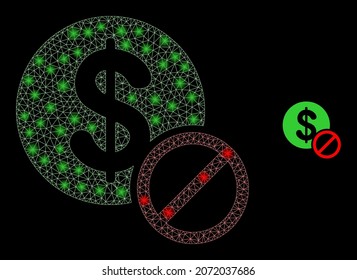 Glossy polygonal mesh web forbidden dollar icon with glitter effect on a black background. Constellation forbidden dollar iconic vector with glowing dots in magic colors.