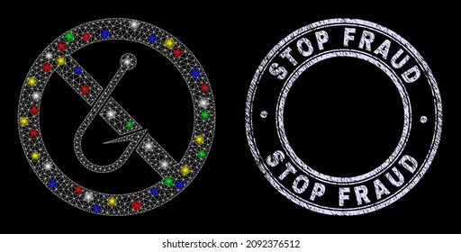 La brillante tela de malla poligonal prohibido icono de gancho de pesca con efecto de resplandor sobre el fondo negro con la impresión de sello corroido Stop Fraud. Malla vectorial iluminada creada a partir del símbolo de gancho de pesca prohibido,