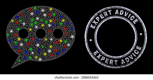 Glossy polygonal mesh web forum message icon with glitter effect on a black background with Expert Advice dirty watermark. Illuminated vector mesh created from forum message icon,