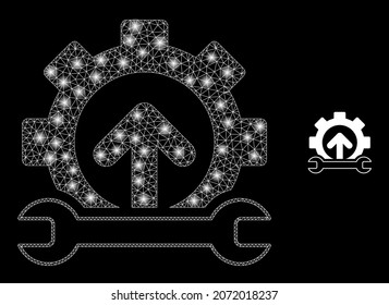 Glossy polygonal mesh web forward gear repair icon with glow effect on a black background. Constellation forward gear repair iconic vector with flash dots in stardust colors.